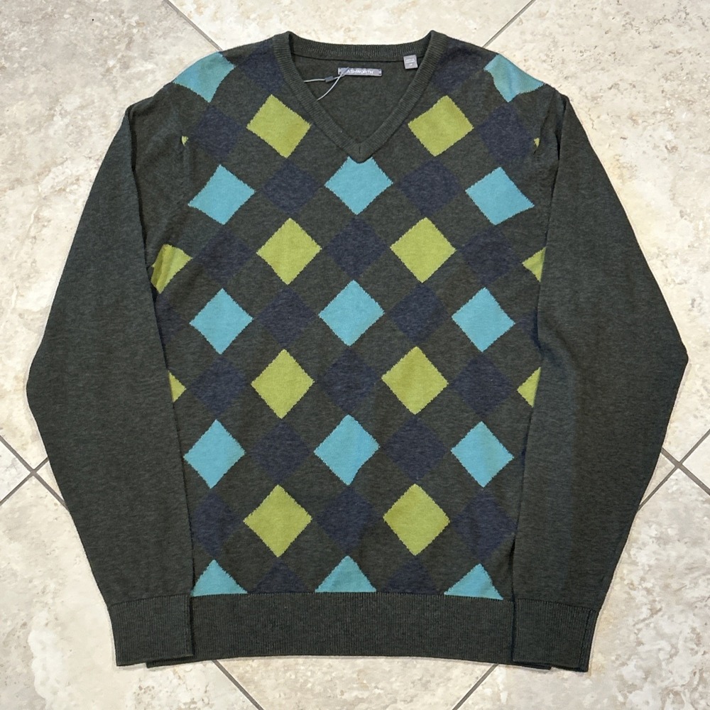 Ashworth Sweater Men L Thyme Heather Grey Argyle Diamond Long Sleeve Cotton Wool